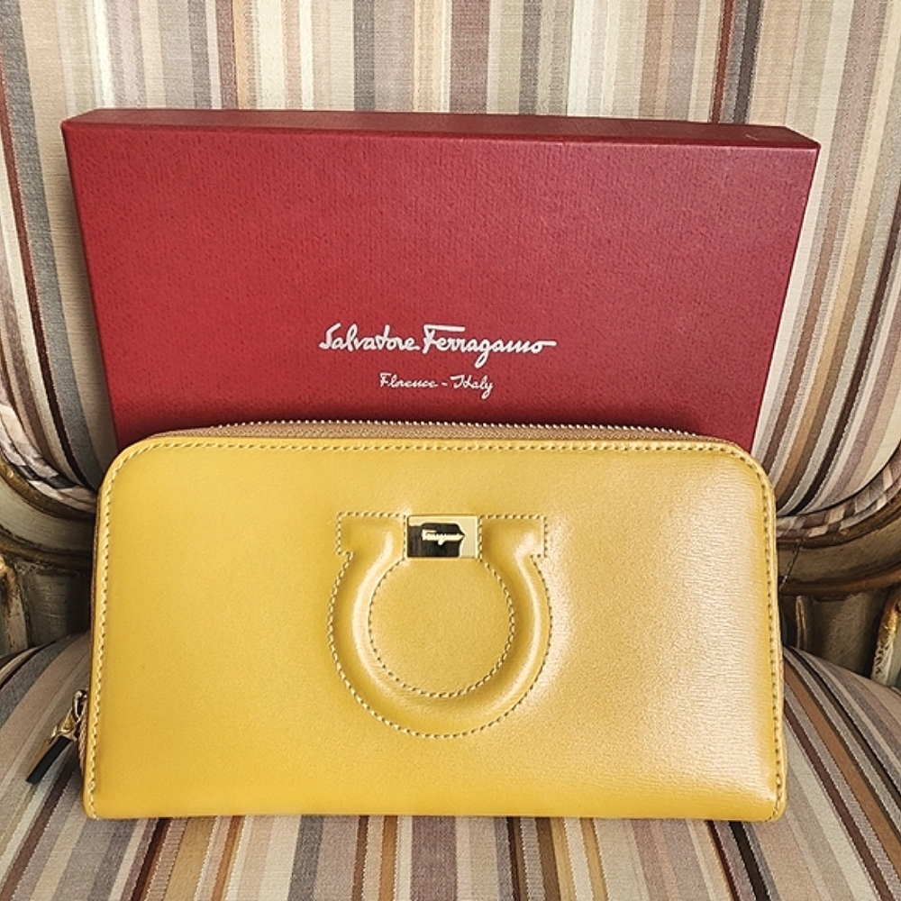 Salvatore Ferragamo Canary Yellow Leather Gancini  Zip Around Wallet